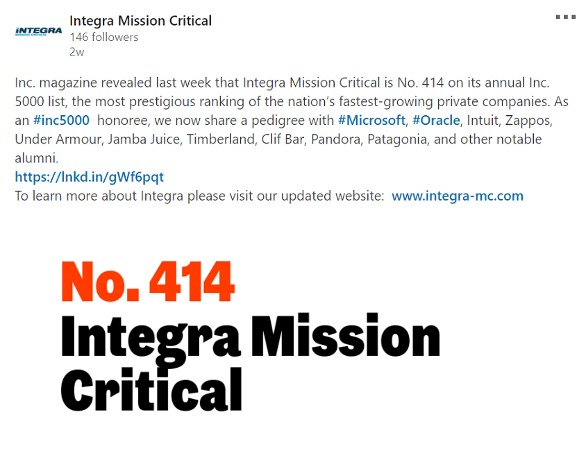 Integra Mission Critical is No. 414 on Inc. 5000 list
