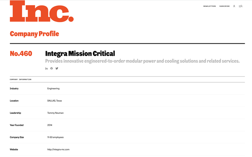 Integra Mission Critical is No. 460 on its 2020 Inc. 5000 list